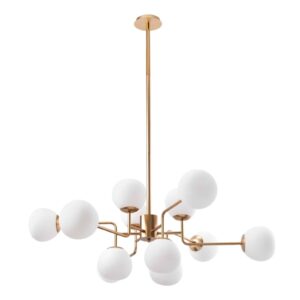 12 light chandelier finished in brass with white frosted globe shades
