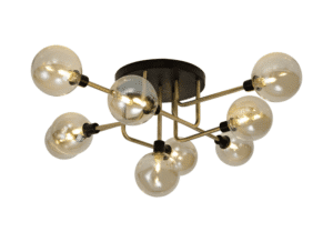 Boata Flush Ceiling, 9 Light G9, Matt Black/Antique Brass/Cognac Glass