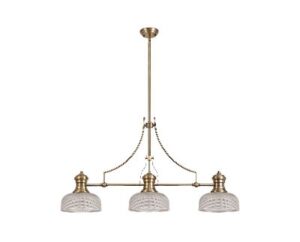 Astrid 3 Light Telescopic Pendant E27 With 26.5cm Prismatic Glass Shade, Antique Brass/Clear