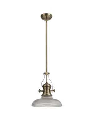 Astrid 1 Light Telescopic Pendant E27 With 30cm Round Glass Shade, Antique Brass/Clear