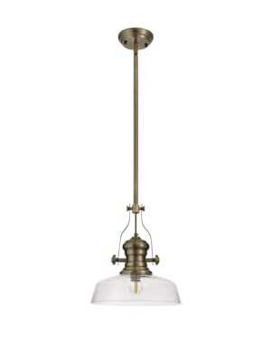 Astrid 1 Light Telescopic Pendant E27 With 30cm Flat Round Glass Shade, Antique Brass/Clear