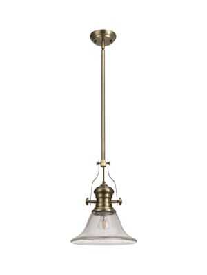 Astrid 1 Light Telescopic Pendant E27 With 30cm Smooth Bell Glass Shade, Antique Brass/Clear