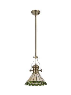Astrid/Tiff-19 1 Light Telescopic Pendant E27 With 30cm Tiffany Shade, Antique Brass/Green/Cream/Crystal