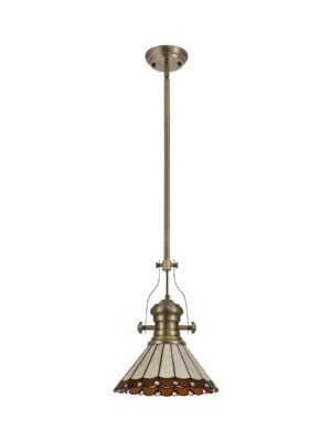 Astrid/Tiff-19 1 Light Telescopic Pendant E27 With 30cm Tiffany Shade, Antique Brass/Amber/Cream/Crystal