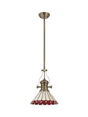 Astrid/Tiff-19 1 Light Telescopic Pendant E27 With 30cm Tiffany Shade, Antique Brass/Red/Cream/Crystal