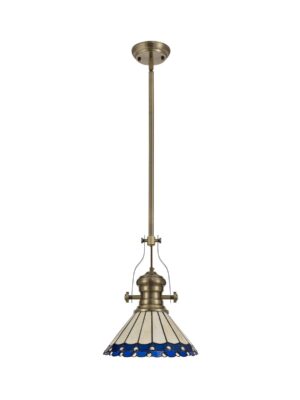 Astrid/Tiff-19 1 Light Telescopic Pendant E27 With 30cm Tiffany Shade, Antique Brass/Blue/Cream/Crystal