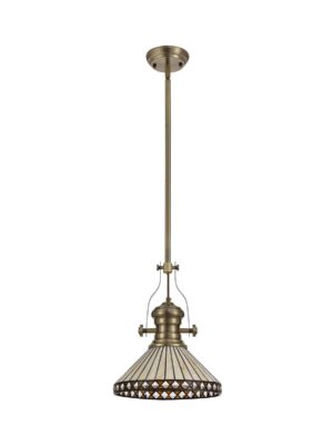 Astrid/Tiff-18 1 Light Telescopic Pendant E27 With 30cm Tiffany Shade, Antique Brass/Amber/Cream/Crystal