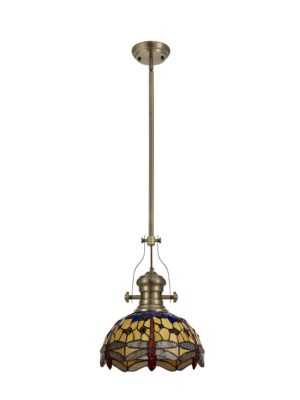 Astrid/Tiff-13 1 Light Telescopic Pendant E27 With 30cm Tiffany Shade, Antique Brass/Blue/Orange/Crystal