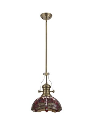Astrid/Tiff-13 1 Light Telescopic Pendant E27 With 30cm Tiffany Shade, Antique Brass/Purple/Pink/Crystal