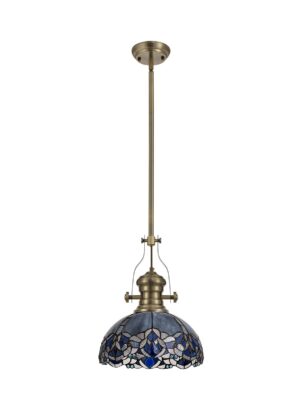 Astrid/Tiff-16 1 Light Telescopic Pendant E27 With 30cm Tiffany Shade, Antique Brass/Blue/Clear Crystal