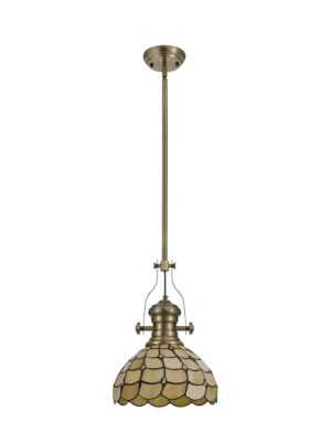 Astrid/Tiff11 1 Light Telescopic Pendant E27 With 30cm Tiffany Shade, Antique Brass/Beige/Clear Crystal