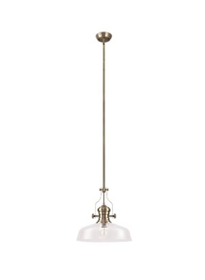 Astrid Pendant With 38cm Flat Round Shade, 1 x E27, Antique Brass/Clear Glass