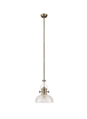 Astrid Pendant With 30cm Flat Round Patterned Shade, 1 x E27, Antique Brass/Clear Glass