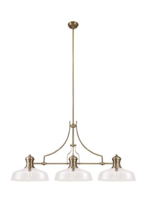 Astrid Linear Pendant With 38cm Flat Round Shade, 3 x E27, Antique Brass/Clear Glass