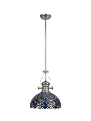 Astrid/Tiff-16 1 Light Telescopic Pendant E27 With 30cm Tiffany Shade, Polished Nickel/Blue/Clear Crystal