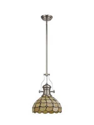 Astrid/Tiff11 1 Light Telescopic Pendant E27 With 30cm Tiffany Shade, Polished Nickel/Beige/Clear Crystal