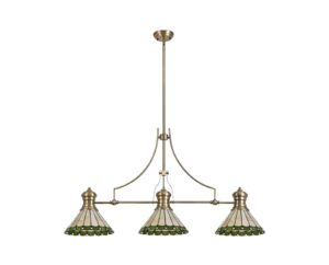 Astrid/Tiff-19 3 Light Telescopic Pendant E27 With 30cm Tiffany Shade, Antique Brass/Green/Cream/Crystal