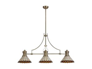 Astrid/Tiff-19 3 Light Telescopic Pendant E27 With 30cm Tiffany Shade, Antique Brass/Amber/Cream/Crystal