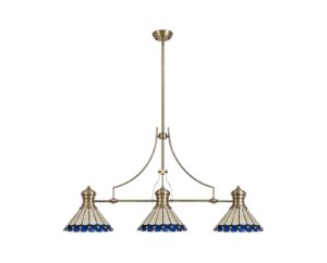 Astrid/Tiff-19 3 Light Telescopic Pendant E27 With 30cm Tiffany Shade, Antique Brass/Blue/Cream/Crystal