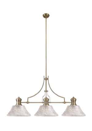 Astrid Linear Pendant With 38cm Patterned Round Shade, 3 x E27, Antique Brass/Clear Glass