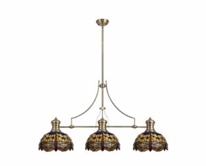Astrid/Tiff-13 3 Light Telescopic Pendant E27 With 30cm Tiffany Shade, Antique Brass/Blue/Orange/Crystal
