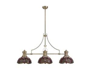 Astrid/Tiff-13 3 Light Telescopic Pendant E27 With 30cm Tiffany Shade, Antique Brass/Purple/Pink/Crystal