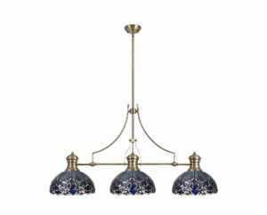 Astrid/Tiff-16 3 Light Telescopic Pendant E27 With 30cm Tiffany Shade, Antique Brass/Blue/Clear Crystal