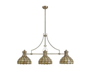 Astrid/Tiff11 3 Light Telescopic Pendant E27 With 30cm Tiffany Shade, Antique Brass/Beige/Clear Crystal