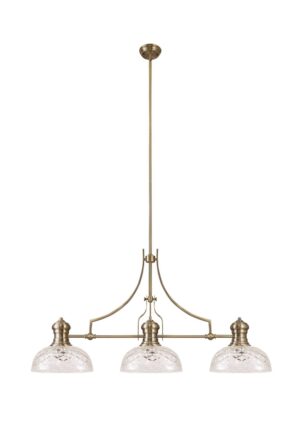 Astrid Linear Pendant With 30cm Flat Round Patterned Shade, 3 x E27, Antique Brass/Clear Glass