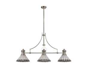 Astrid/Tiff-19 3 Light Telescopic Pendant E27 With 30cm Tiffany Shade, Polished Nickel/Grey/Cream/Crystal