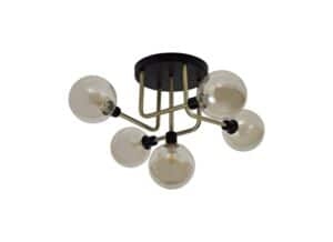 Boata Flush Ceiling, 5 Light G9, Matt Black/Antique Brass/Cognac Glass