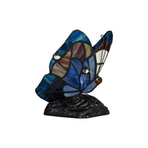 Nature Tiffany Butterfly Table Lamp, 1 x E14, Black Base With Blue/Brown Glass With Clear Crystal