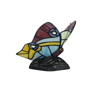 Nature Tiffany Butterfly Table Lamp, 1 x E14, Black Base With Red/Yellow/Blue Glass With Clear Crystal