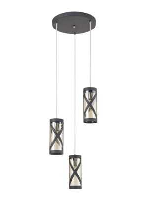 Tetron 3 Light Round Pendant E14, Matt Grey/Polished Chrome/Cognac
