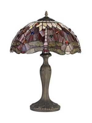 Tiff-13 2 Light Curved Table Lamp E27 With 40cm Tiffany Shade, Purple/Pink/Crystal/Aged Antique Brass