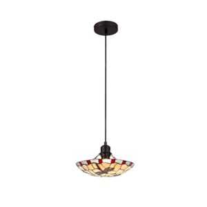 Tiff-14 1 Light Pendant E27 With 35cm Tiffany Shade, Red/Cream/Clear Crystal/Black