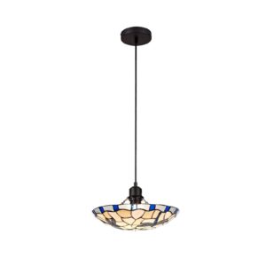 Tiff-14 1 Light Pendant E27 With 35cm Tiffany Shade, Blue/Cream/Clear Crystal/Black