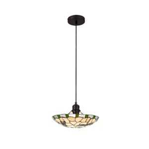 Tiff-14 1 Light Pendant E27 With 35cm Tiffany Shade, Green/Cream/Clear Crystal/Black
