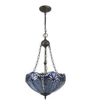 Tiff-16 2 Light Uplighter Pendant E27 With 40cm Tiffany Shade, Blue/Clear Crystal/Aged Antique Brass
