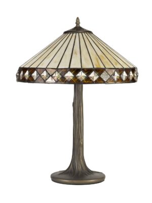 Tiff-18 2 Light Tree Like Table Lamp E27 With 40cm Tiffany Shade, Amber/Cream/Crystal/Aged Antique Brass