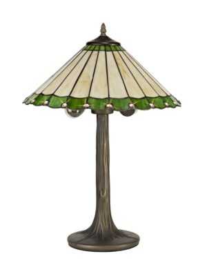 Tiff-19 2 Light Tree Like Table Lamp E27 With 40cm Tiffany Shade, Green/Cream/Crystal/Aged Antique Brass