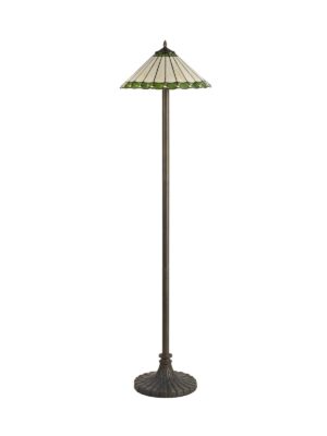 Tiff-19 2 Light Stepped Design Floor Lamp E27 With 40cm Tiffany Shade, Green/Cream/Crystal/Aged Antique Brass