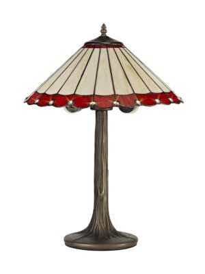 Tiff-19 2 Light Tree Like Table Lamp E27 With 40cm Tiffany Shade, Red/Cream/Crystal/Aged Antique Brass