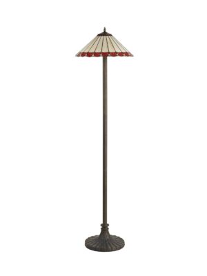 Tiff-19 2 Light Stepped Design Floor Lamp E27 With 40cm Tiffany Shade, Red/Cream/Crystal/Aged Antique Brass