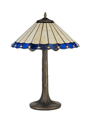 Tiff-19 2 Light Tree Like Table Lamp E27 With 40cm Tiffany Shade, Blue/Cream/Crystal/Aged Antique Brass