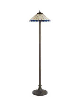 Tiff-19 2 Light Stepped Design Floor Lamp E27 With 40cm Tiffany Shade, Blue/Cream/Crystal/Aged Antique Brass
