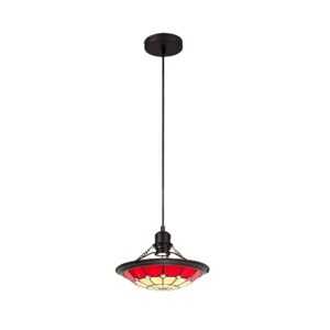 Tiff 1 Light Pendant E27 With 35cm Tiffany Shade, Cream/Red/Clear Crystal Centre/Aged Antique Brass Trim/Black