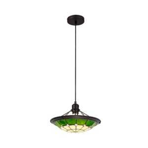 Tiff 1 Light Pendant E27 With 35cm Tiffany Shade, Cream/Green/Clear Crystal Centre/Aged Antique Brass Trim/Black