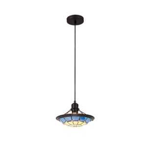 Tiff 1 Light Pendant E27 With 35cm Tiffany Shade, Cream/Rich Blue/Clear Crystal Centre/Aged Antique Brass Trim/Black