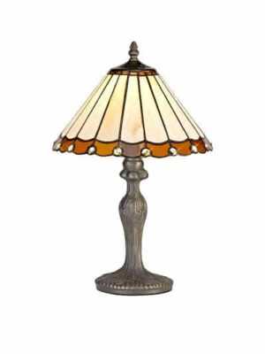 Tiff-19 1 Light Curved Table Lamp E27 With 30cm Tiffany Shade, Amber/Cream/Crystal/Aged Antique Brass